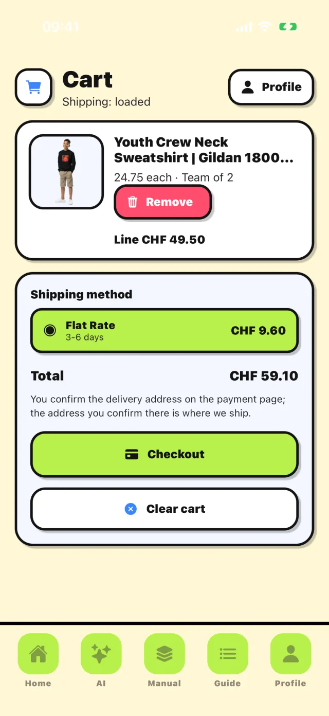 Cart and shipping screen