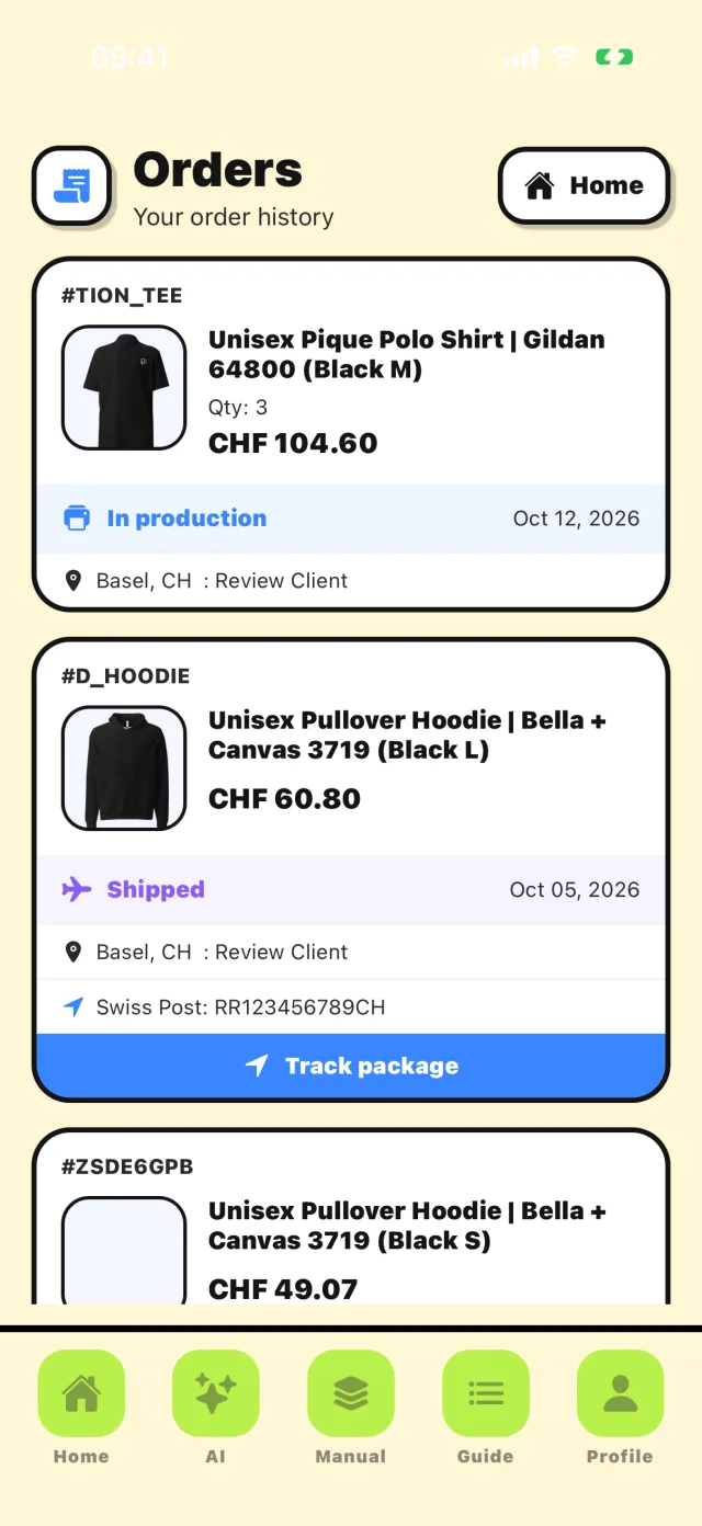 Orders screen